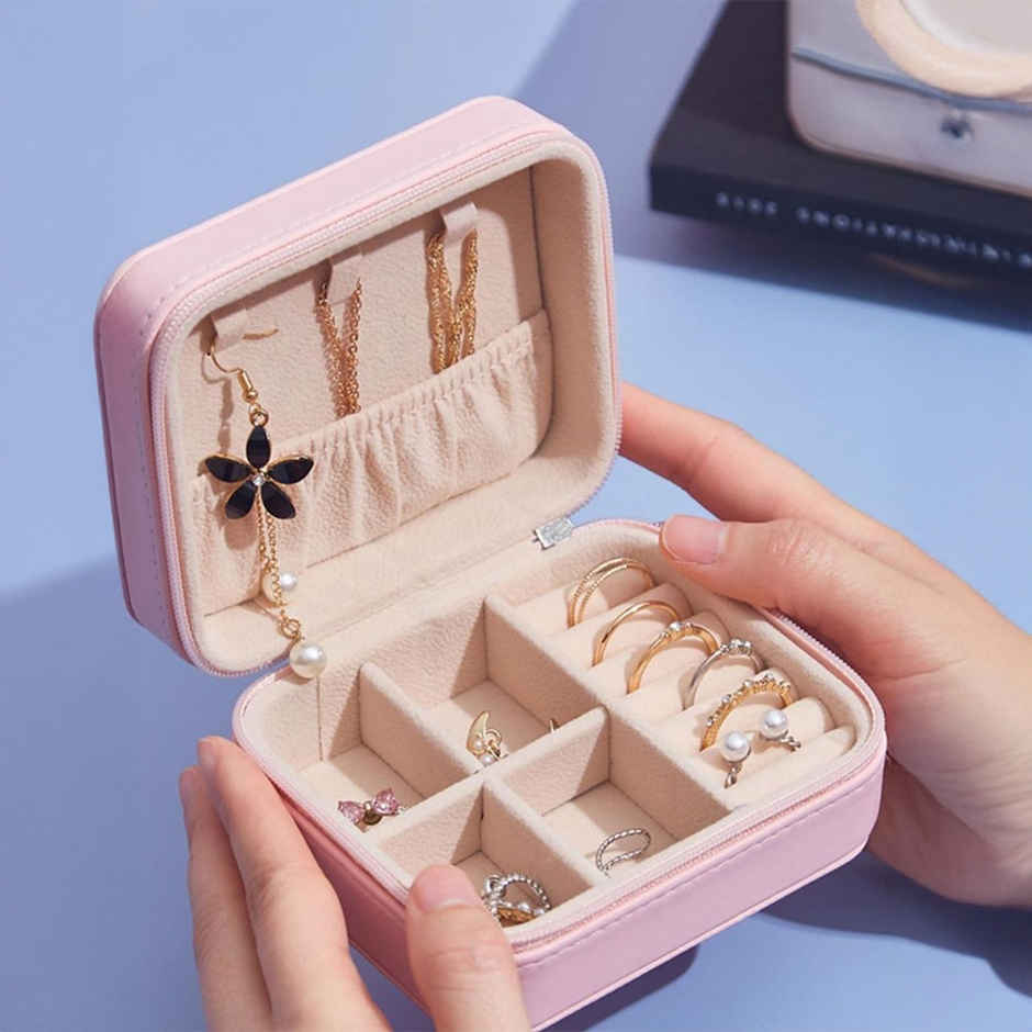 YouBella Jewellery Organiser PU Leather Zipper Portable Storage Box Case (Style 1) - Pink