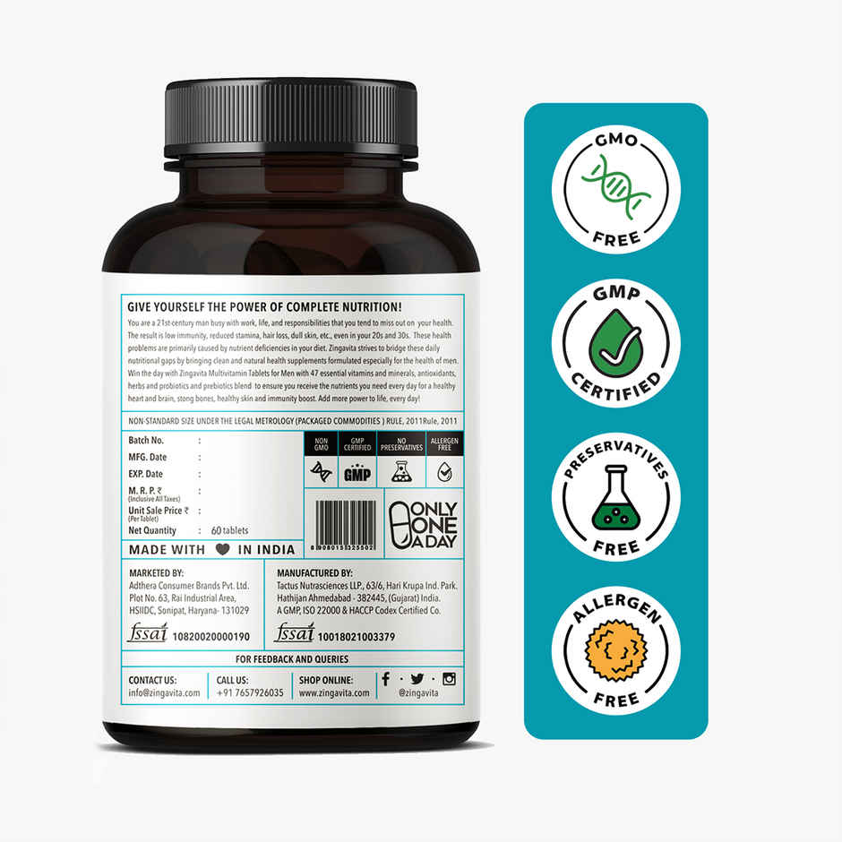 Zingavita Multi- vitamins for Men | Veg | Minerals, Omega 3 & Herbs for Daily Energy