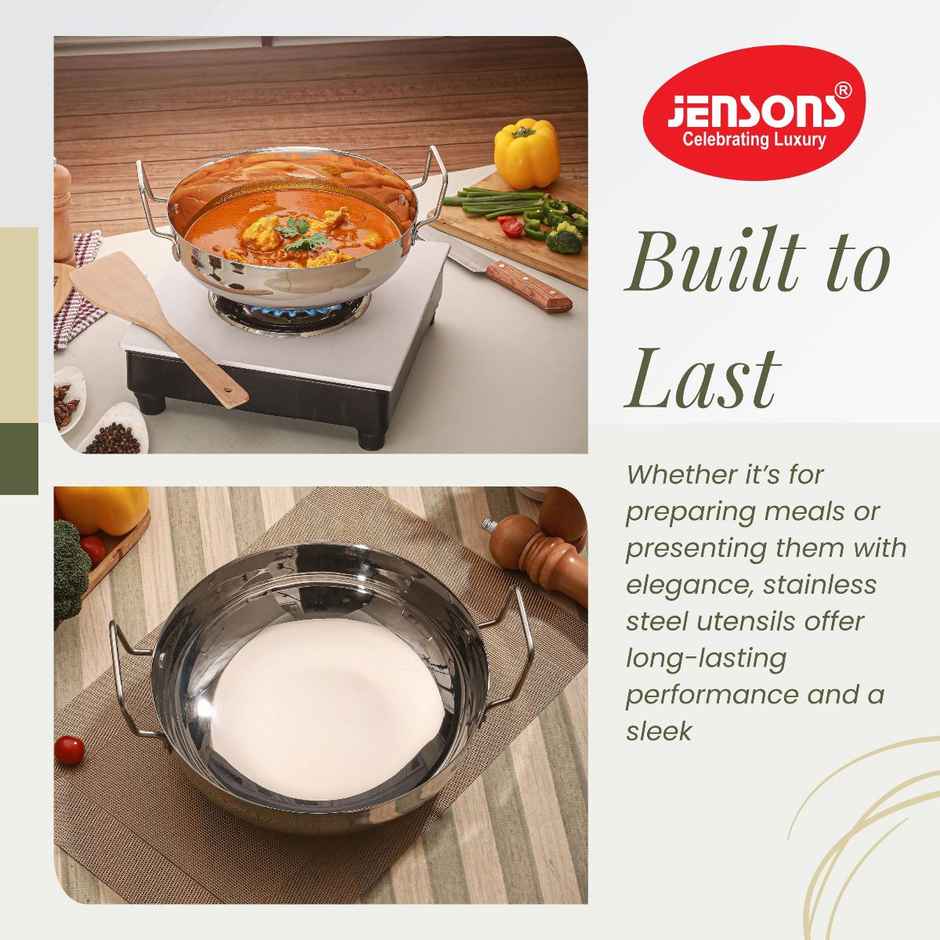 Jensons Stainless Steel Kadai 3 Litre | 27 cm | Induction & Gas Compatible |Deep Fry Pan|Heavy Duty