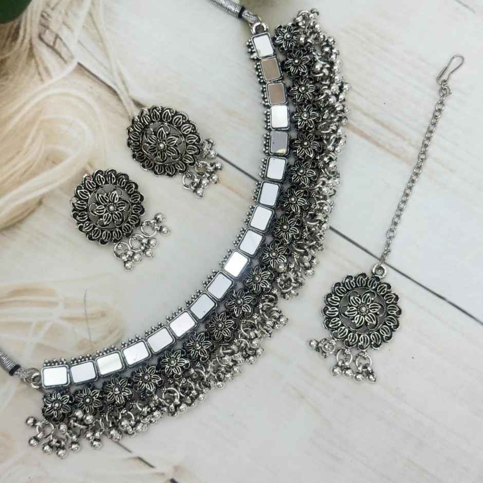 The Opal Factory Silver Oxidised Ghungroo | Flower Design Choker Necklace | Earrings | Mangtika -M