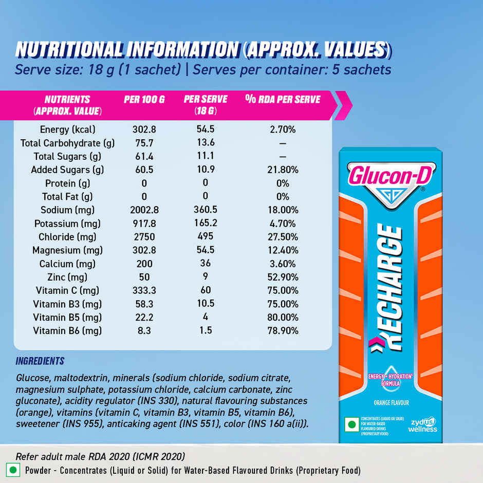 Glucon-D Recharge Orange Hydration Drink Sachets