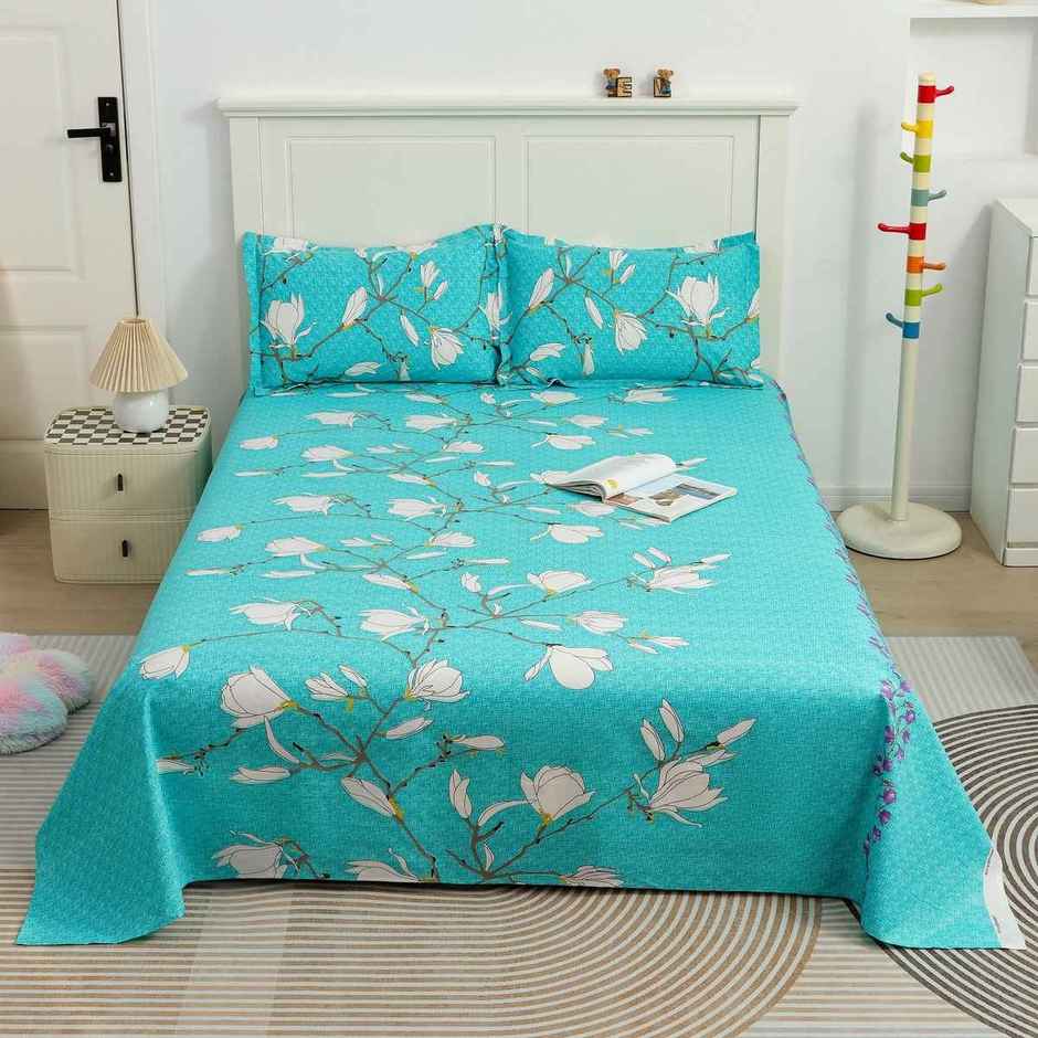 Story@home 144 TC Cotton Double Printed Flat Floral Bedsheet | Aqua Green | 98 x 89 in