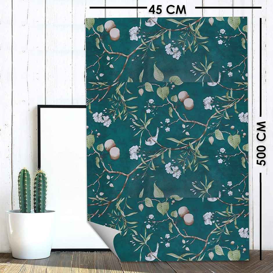 Wollzo Green Sparrow Self Adhesive Wallpaper Sticker | 45 x 1000 cm | Multicolor