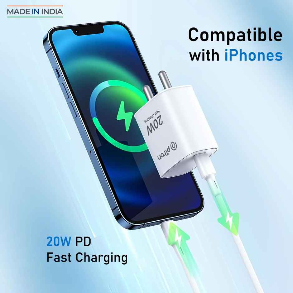 pTron 20W Apple Charger Volta FC18 Type-C/PD Fast Charger Comp. with iPhone 14/13/12/11/X/8 - White