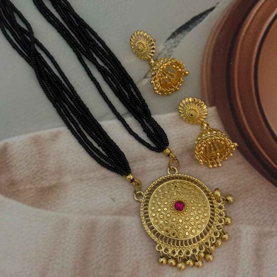 The Opal Factory Mangalsutra Black Beads with Jhumki Earrings and Round Kundan Pendant | Gold