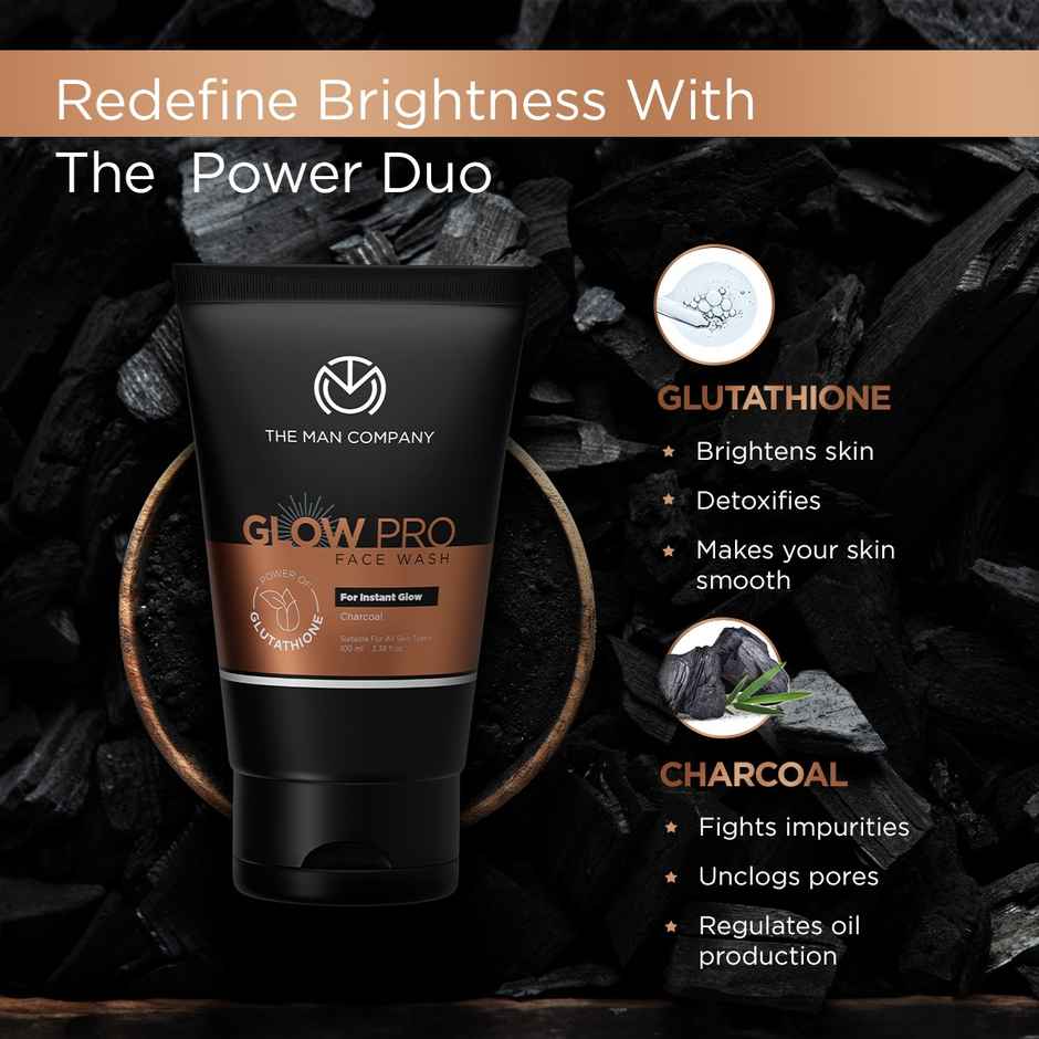 The Man Company Glow Pro Face Wash For Men Enriched with Glutathione, Charcoal | Instant Glow, Deep Cleansing & Evens Skin Tone