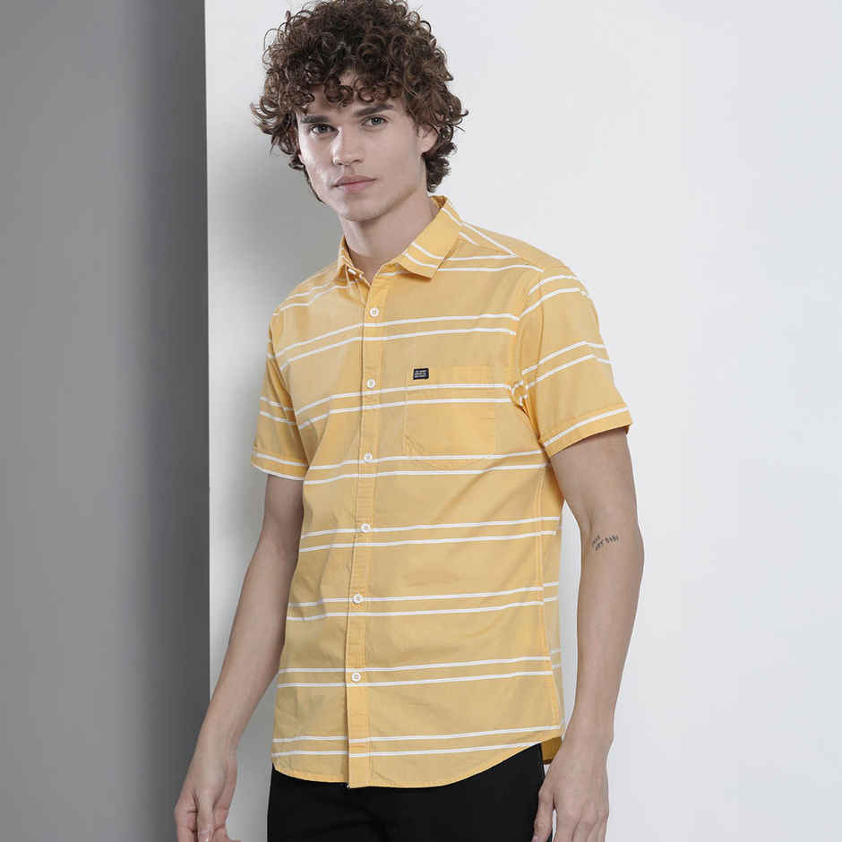 The Indian Garage Co Men's Slim Fit Striped Casual Half Sleeve Shirt | Yellow - M