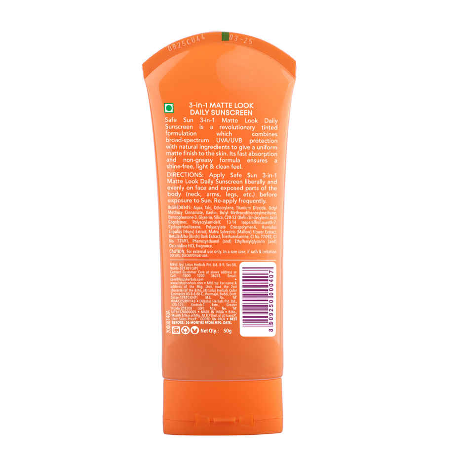 Lotus Herbals Safe Sun 3 In 1 Tinted Daily Sunscreen Matte Look SPF 40 PA+++ For All Skin Types