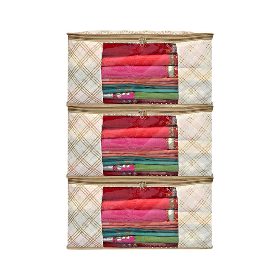 Kuber Industries Pack of 3 Non-Woven Saree Covers with Zip | Organizer for Saree & Lehenga | Cream
