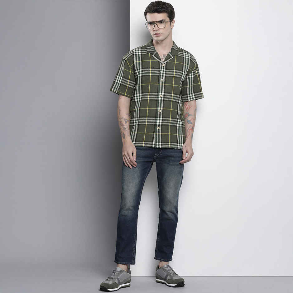 The Indian Garage Co Men's Relaxed Fit Checkered Resort Wear Half Sleeve Shirt | Green - S