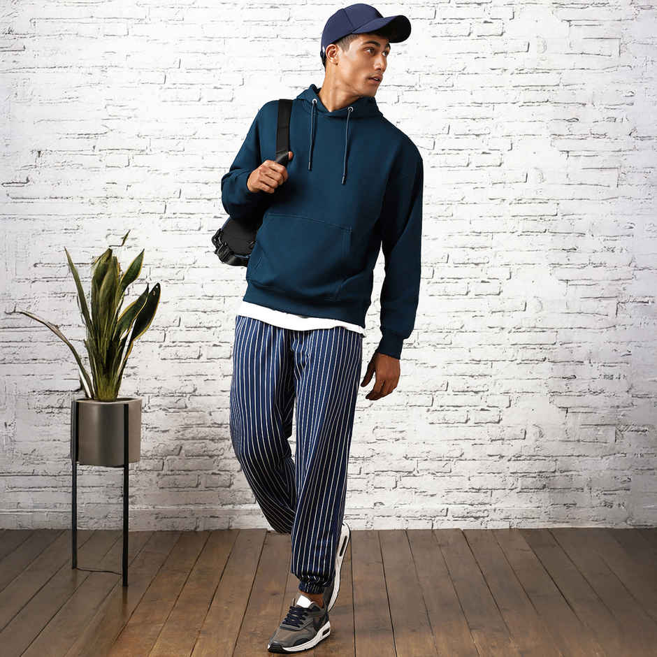 Nobero Men's Oversized Solid Hoodie | Navy Blue - XXL