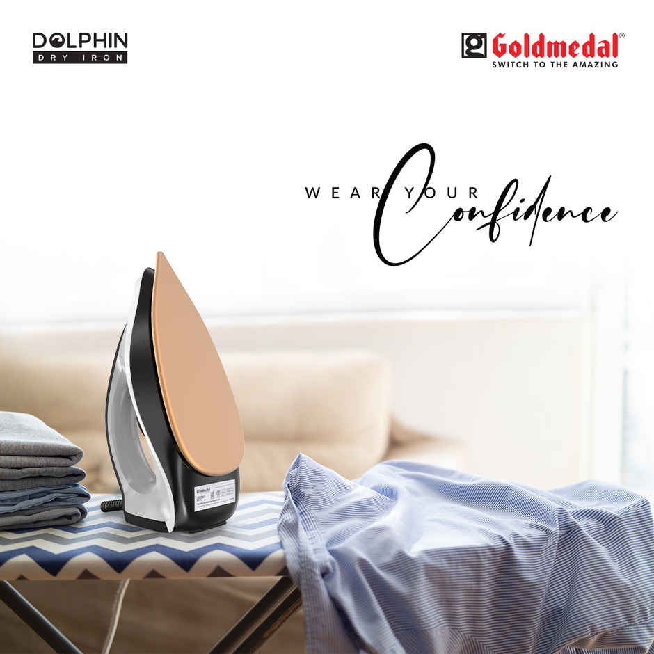 Goldmedal Dolphin 1100W Dry Iron, Broad Base for Hot zone Protection | Cool Grey & Black