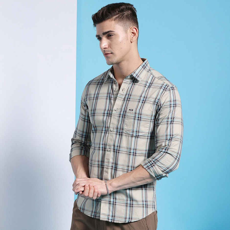 The Indian Garage Co Men's Slim Fit Checkered Casual Shirt | Khaki - XL
