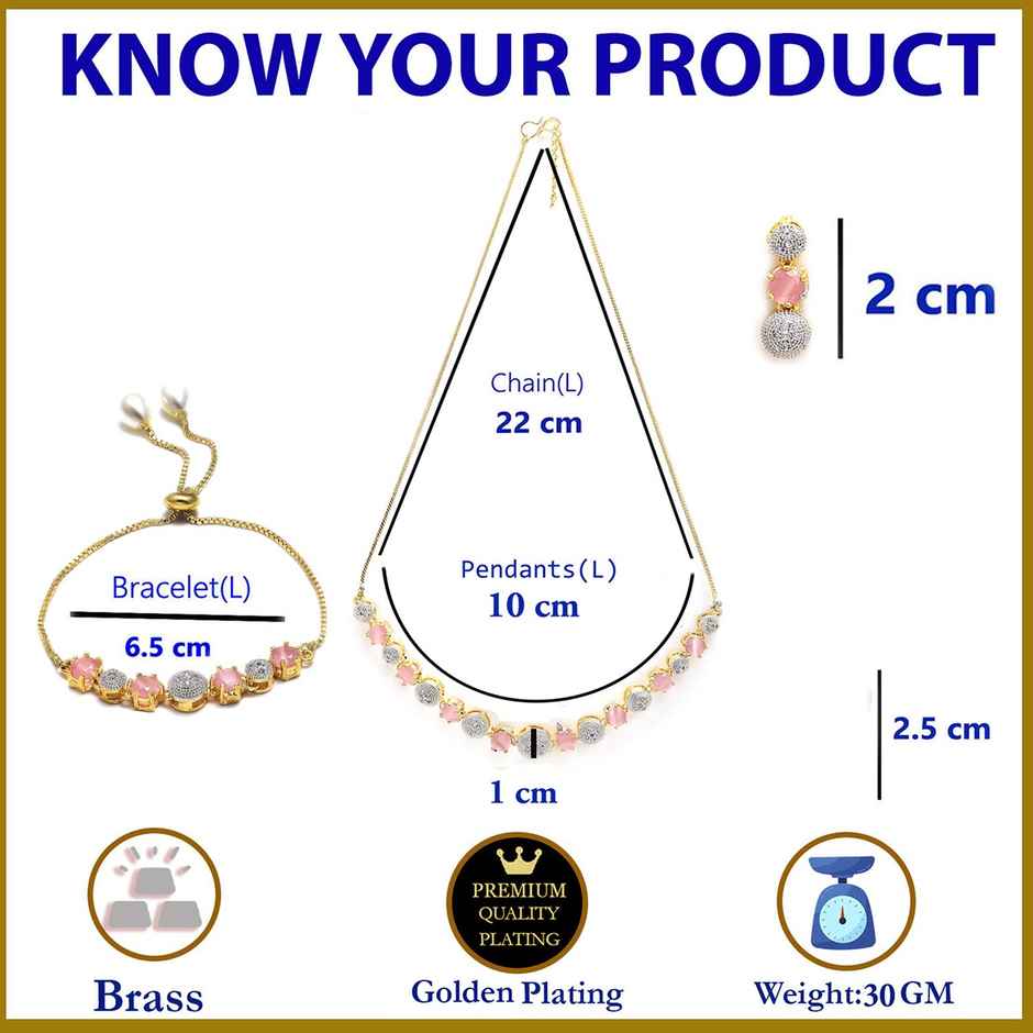 Zeneme Gold-Plated Pink & White American Diamond Studded Jewellery Set For Women & Girls