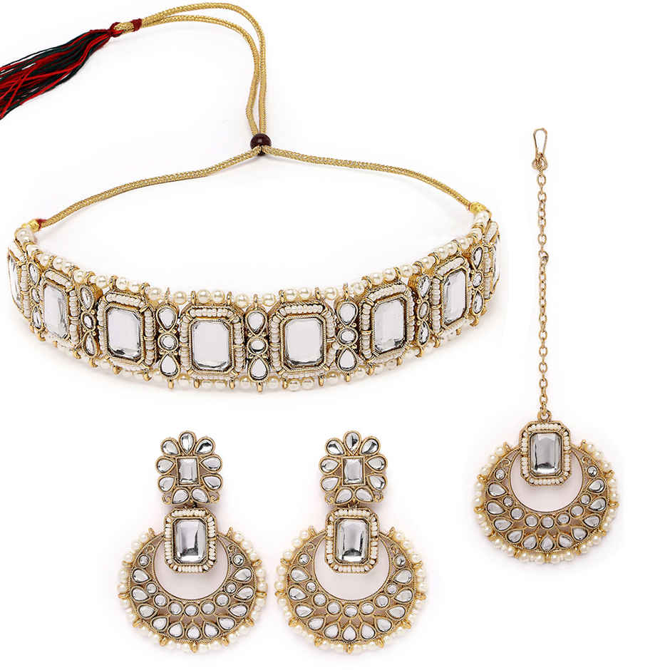 Sukkhi Terrific Gold Plated White Kundan & Beads Studded Collar Necklace Set