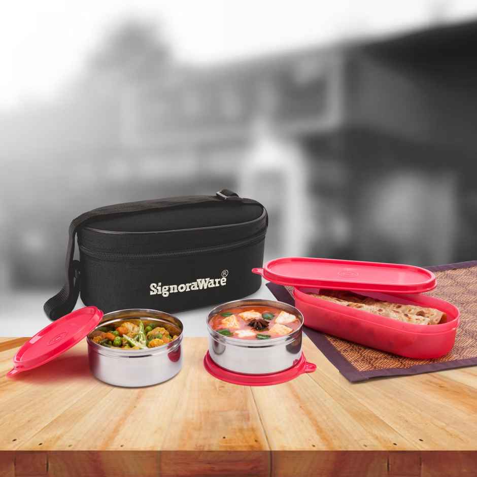 Signoraware Double Decker Steel Lunch Box Food Grade Stainless Steel Red