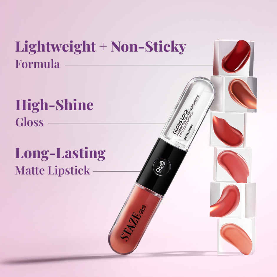 Staze Gloss Lock 2-in-1 Liquid Lipstick + Clear Gloss | Transferproof | 01 Im Cute | 7g