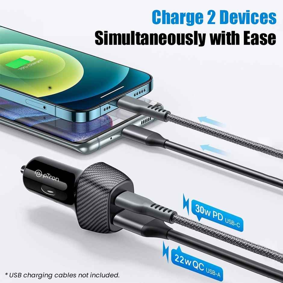 pTron Bullet Zip 52.5W Car Charger For Samsung, Apple, MacBook, iPad, Oppo, OnePlus - Black