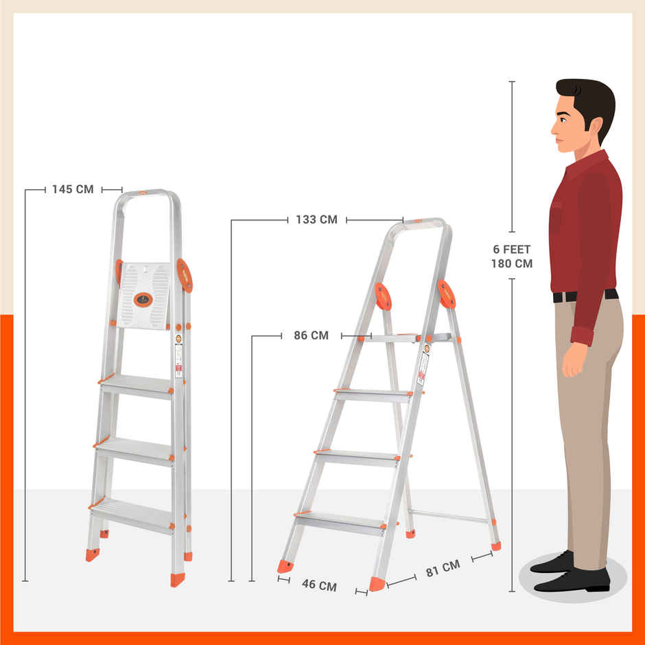 Bathla 4-Step Aluminium Foldable Ladder | Anti-Slip,Heavy Duty,Scratch Resistant | Advance | Orange