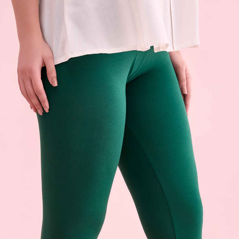 Go Colors Women's Solid Mid Rise Ankle Length Leggings | Bottle Green - M