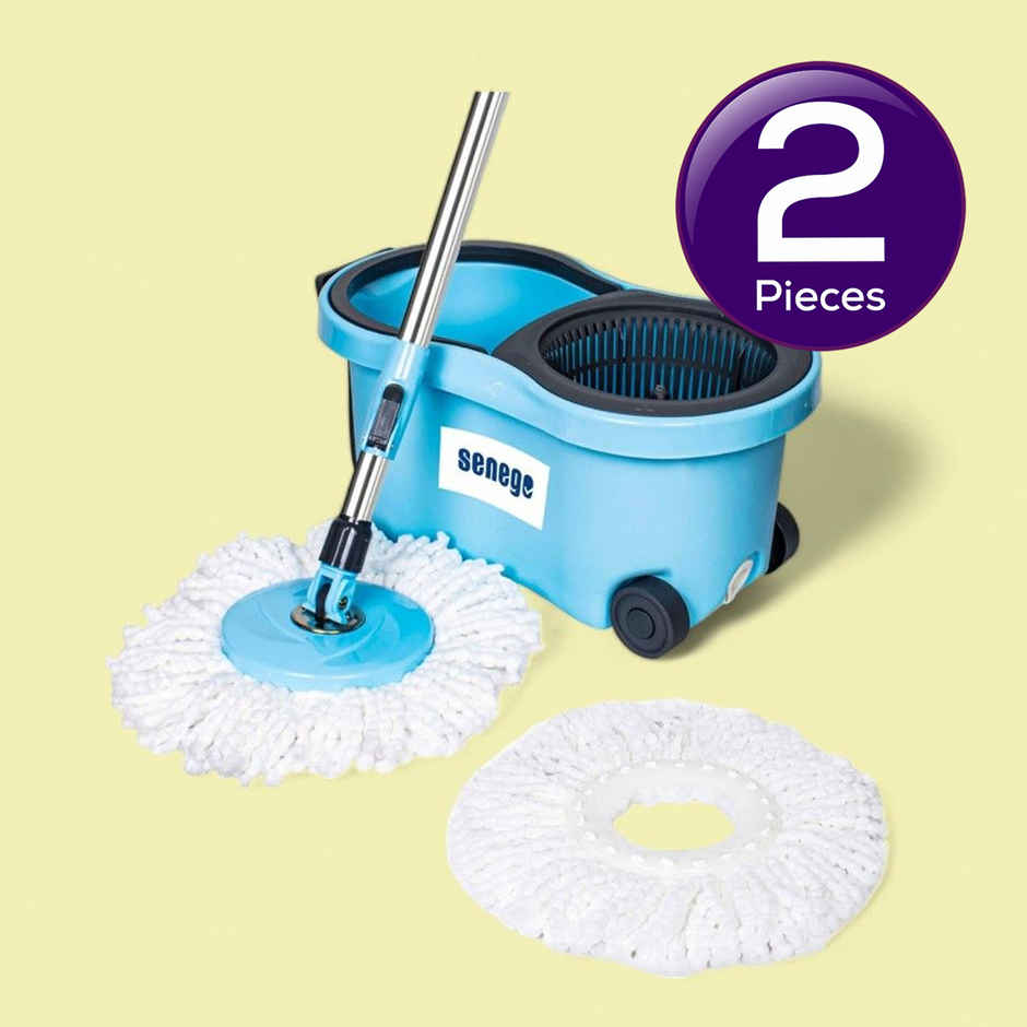 Senego Twin Bucket Spin Mop with Wheels  | Blue - 2 Refills Combo