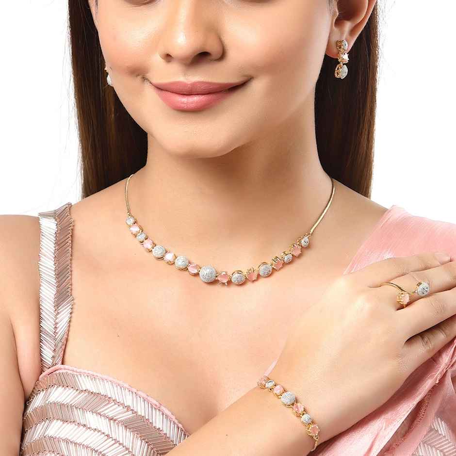 Zeneme Gold-Plated Pink & White American Diamond Studded Jewellery Set For Women & Girls
