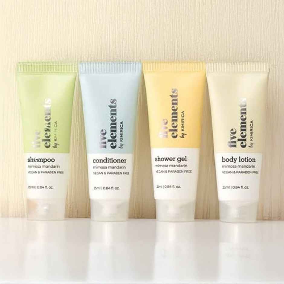 Kimirica Five Elements Travel Kit | 6-in-1 Bath Essentials with Loofah in Pouch | Self-Care Set