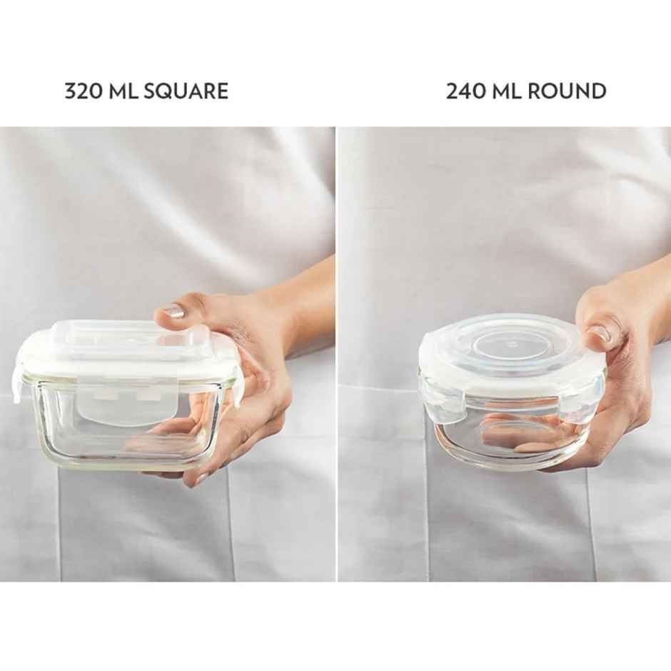 Borosil Alfa Universal Lunchbox | 4 Pcs Glass Set | 320 ml x 2 + 240 ml x 2