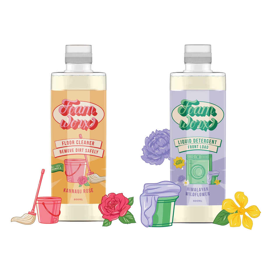Foamworx Front Load Liquid Detergent - Himalayan Wildflower (800ml) & Foamworx Floor Cleaner - Kannauj Rose (800ml) Combo