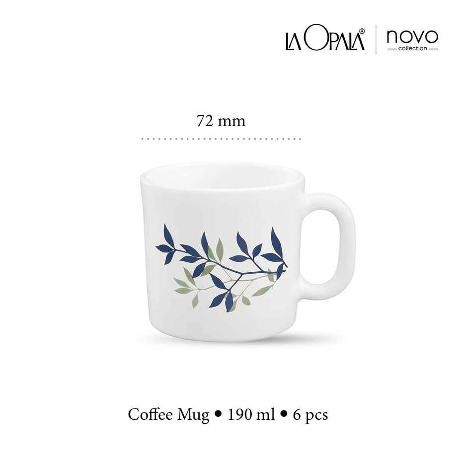 La Opala Novo Coffee Mug 190 ml Set of 6 Silken Charm Opal Glass Mugs for Tea & Coffee, White