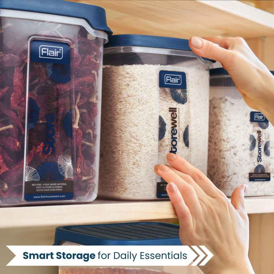 FLAIR Plastic Storewell Square Food Storage Containers Set | Blue - 2400 ml, 6 L & 8 L
