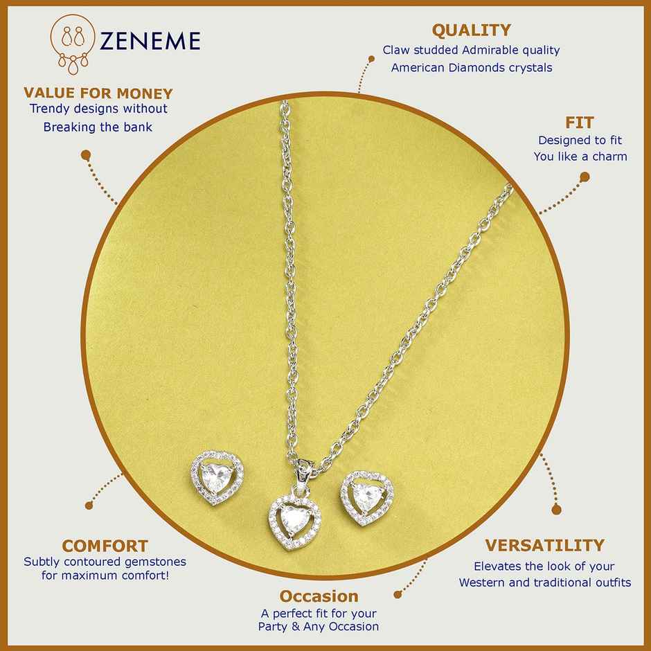 Zeneme Rhodium-Plated American Diamond Studded Necklace and Earrings For For Women & Girls