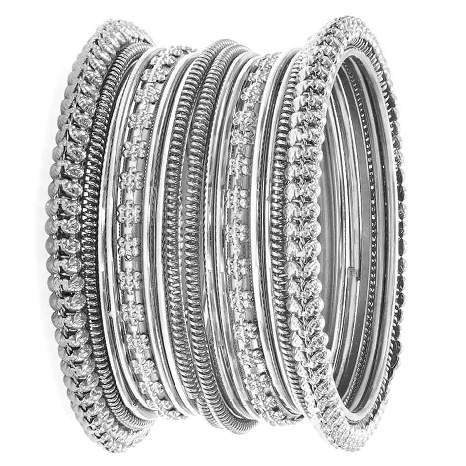 Peora Traditional Antique Look Oxidised Silver Plated Metal Bangle Set for Womens (2.4 inch)