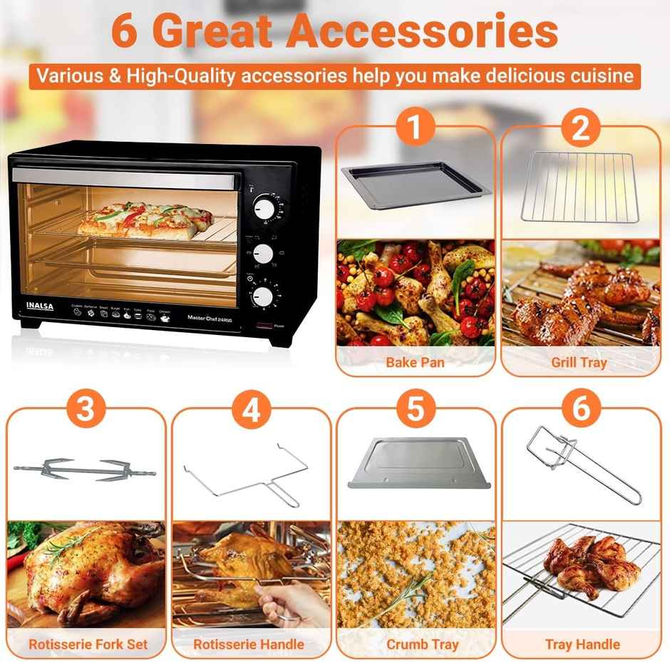 INALSA Oven Masterchef 24RSS OTG 24 Ltr-1600 W with Rotisserie & 6 Heat,Steel-Silver