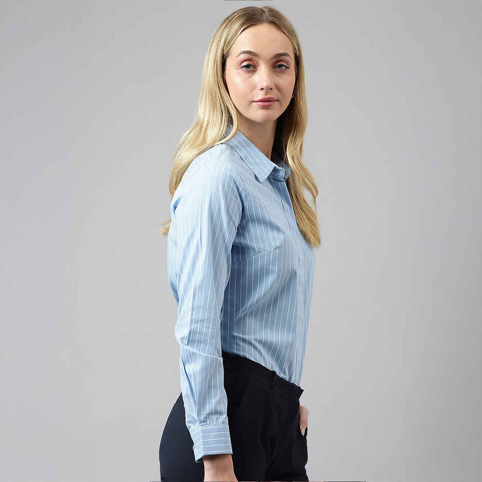 Hancock Women Blue Striped Regular Fit Pure Cotton Formal Shirt | M