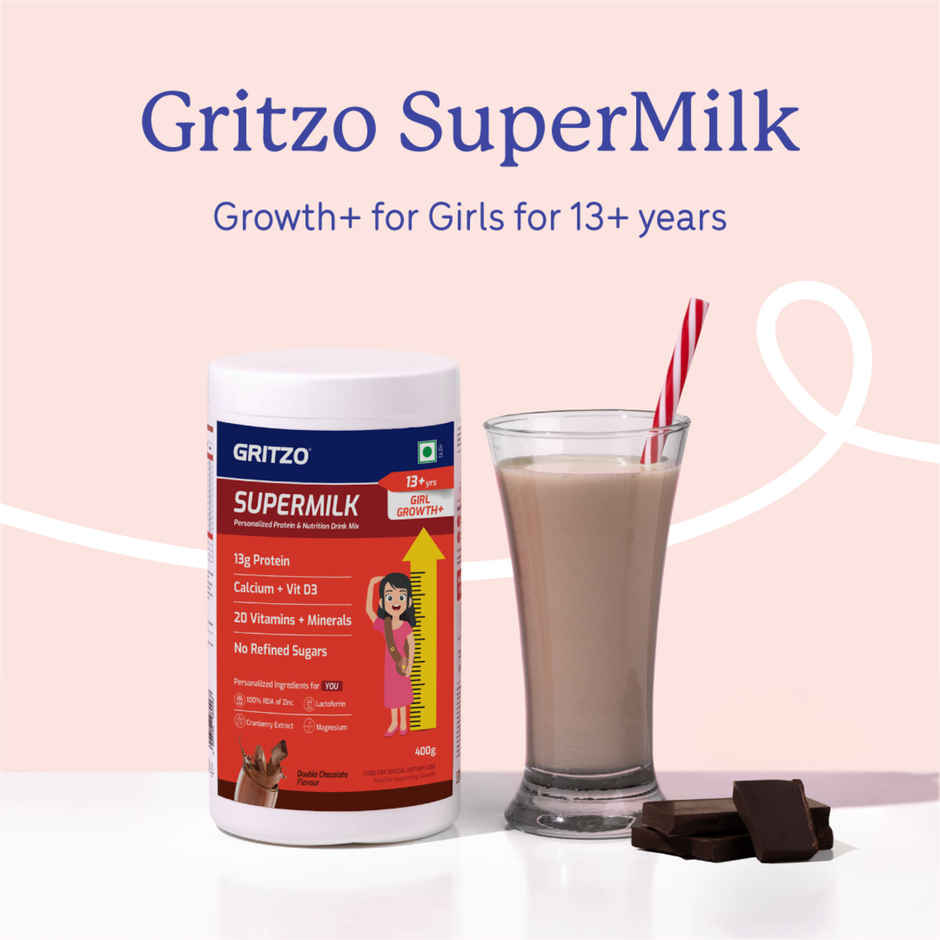 Gritzo Supermilk Growth+ (Formerly Height+) (13+ Yrs Girls) | Double Chocolate, 12 Scoops