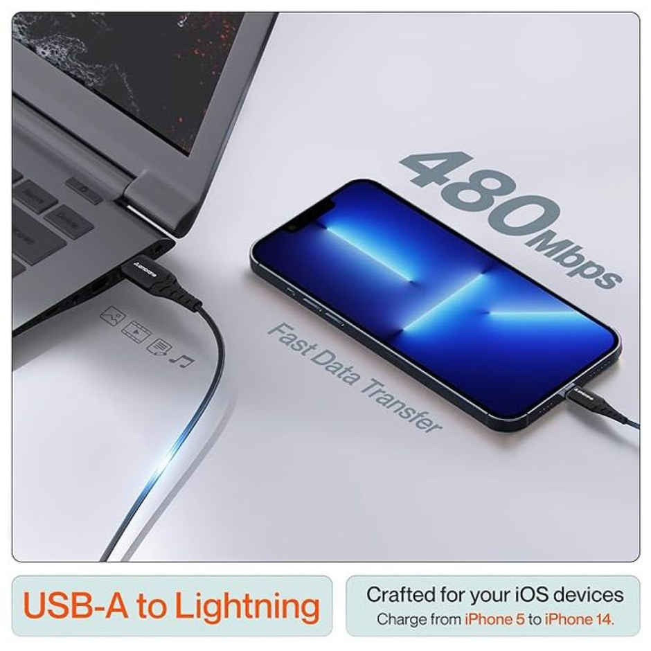 Ambrane RCL -15 USB To Lightning 3A Fast Charging Braided Lightning Cable Compatible For iPhone 14,13, 12,11, X, 8, 7, 6, 5, Ipad, Macbook, Imac, Airpods, 480Mbps Data Sync, 1.5Meter Long - Black