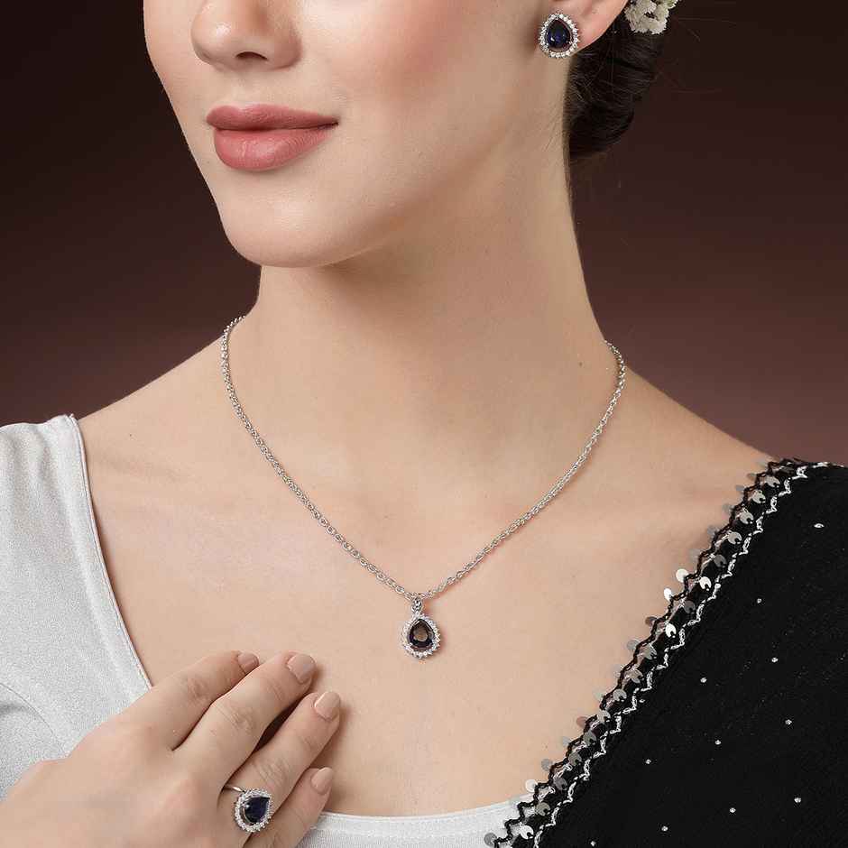 Zeneme Rhodium-Plated Blue American Diamond Necklace and Earrings With Ring For Women & Girls