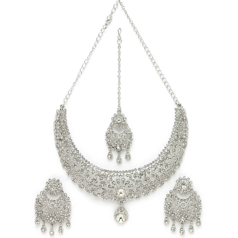 Sukkhi Desirable Rhodium Plated Silver Stone Studded Floral Choker Necklace Set