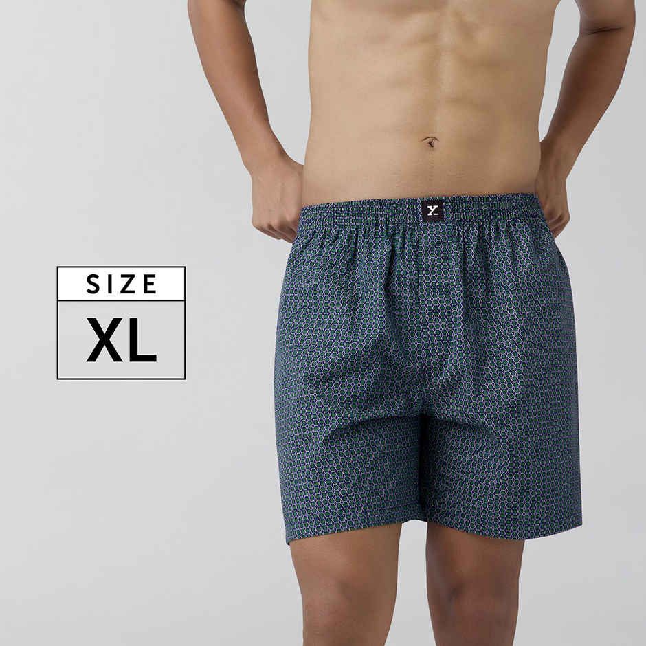 XYXX Men's Cotton Printed Boxer Shorts with Side Pockets, Green Hexagon| XL