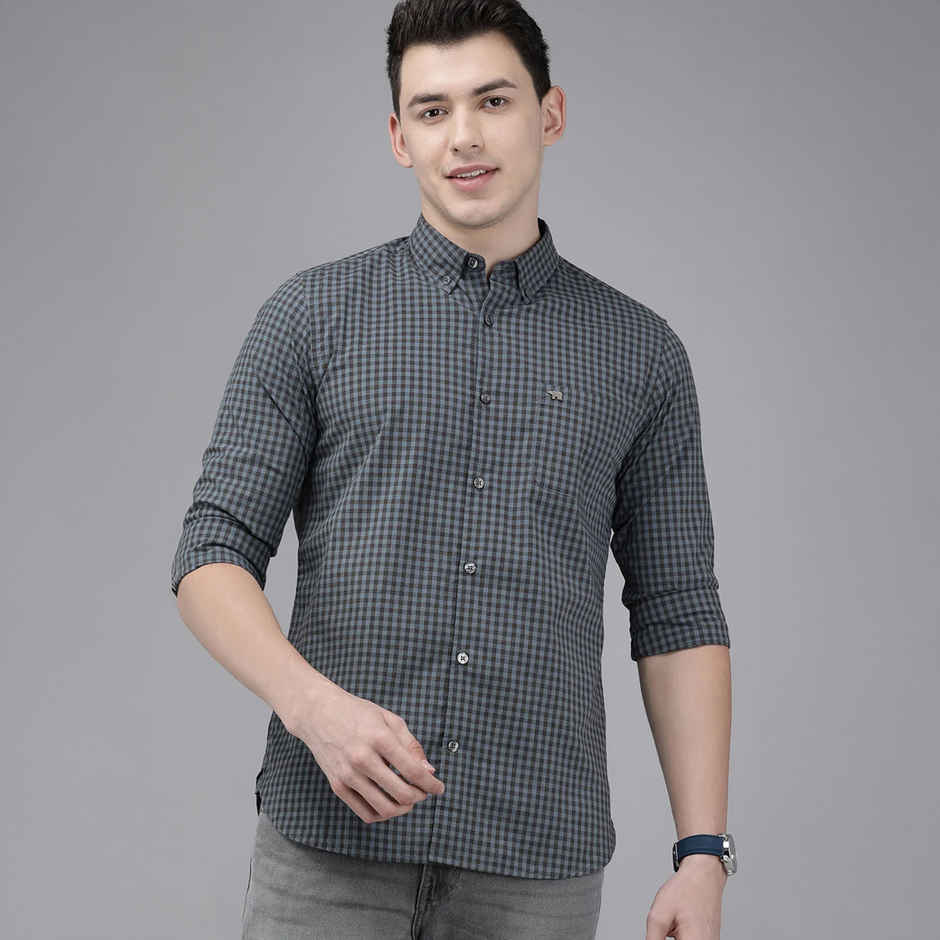 The Bear House Men Slim Fit Checked Button-Down Casual Shirt - Garo | Teal Blue | M