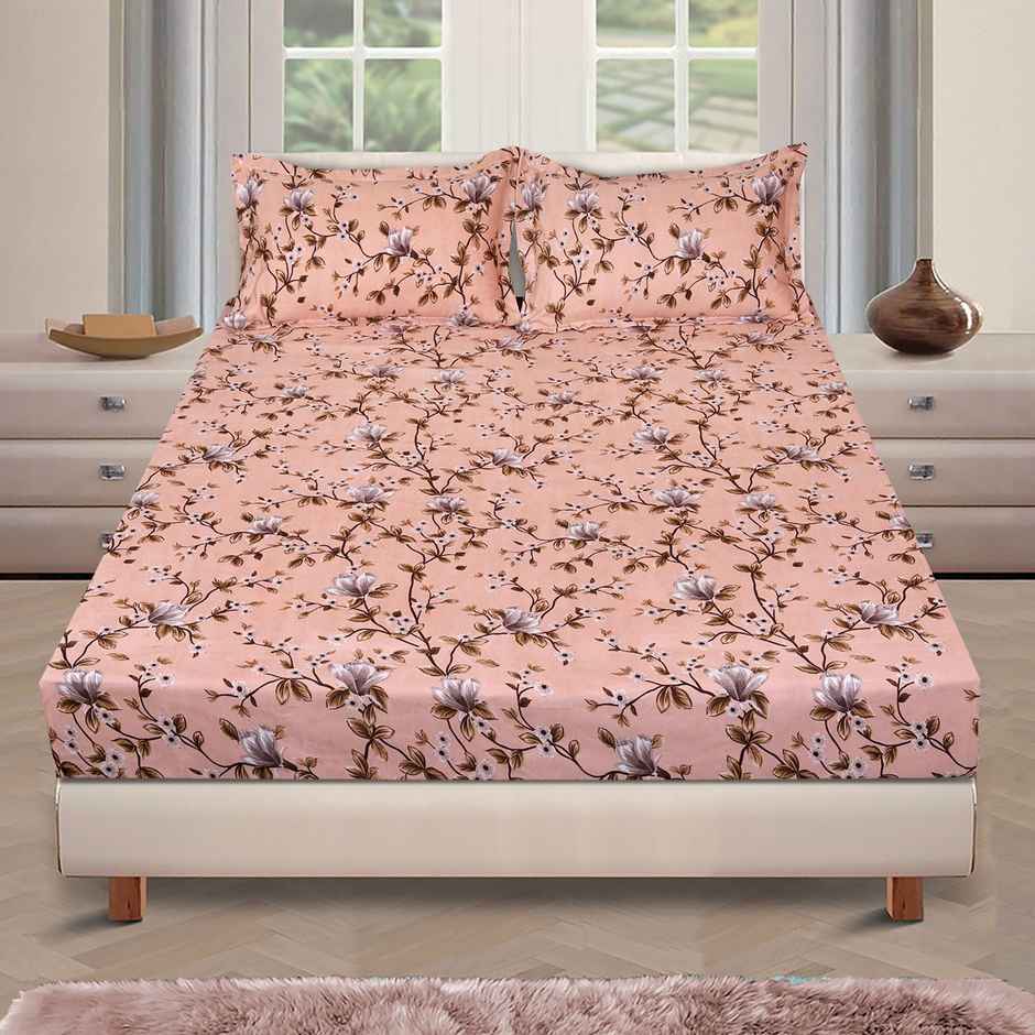 Romee Peach Floral Printed Microfiber Floral Double Bedsheet Queen Size 150 TC | 2 Pillow Covers