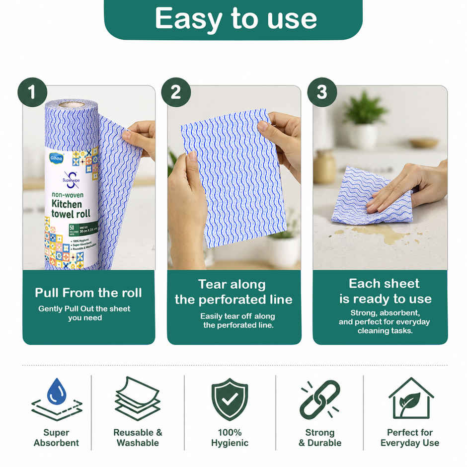 GINNI Superwipe Kitchen Towel Roll | 50 Pulls | 30 x 25 cm