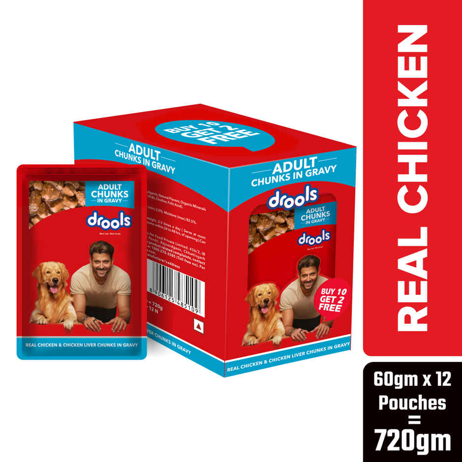 Drools Adult Wet Dog Food Chicken And Chicken Liver Chunks In Gravy (10 + 2 Pouches Free)
