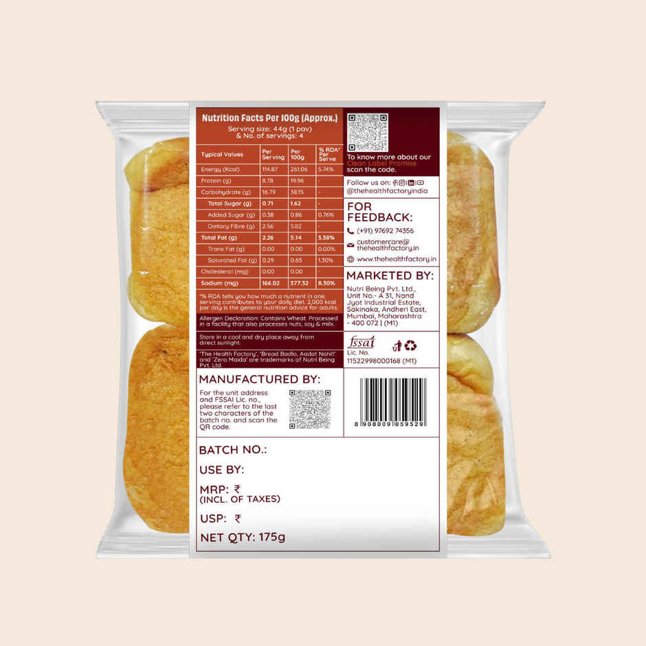 The Health Factory Super Protein Bombay Pav | Zero Maida | 34g High Protein | Whole Wheat Pav