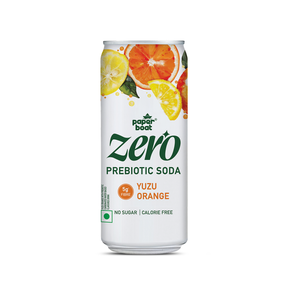 Paper Boat Zero Prebiotic Soda Yuzu Orange, 5g Fibre, Caffeinated Sugar Free Cold Drink
