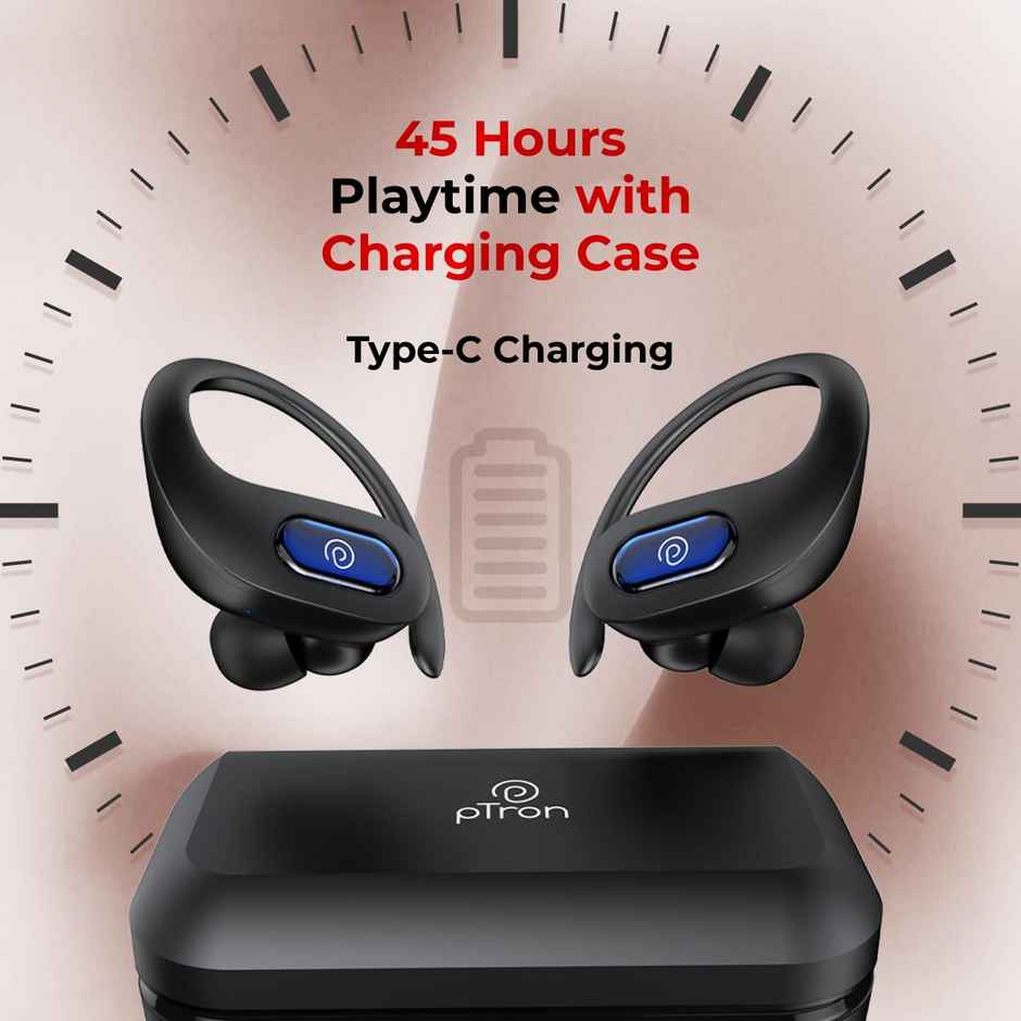 pTron Bassbuds Sports In-Ear TWS Earbuds With HD Mic | 45H Playtime | 45ms Movie/Music Modes - Black