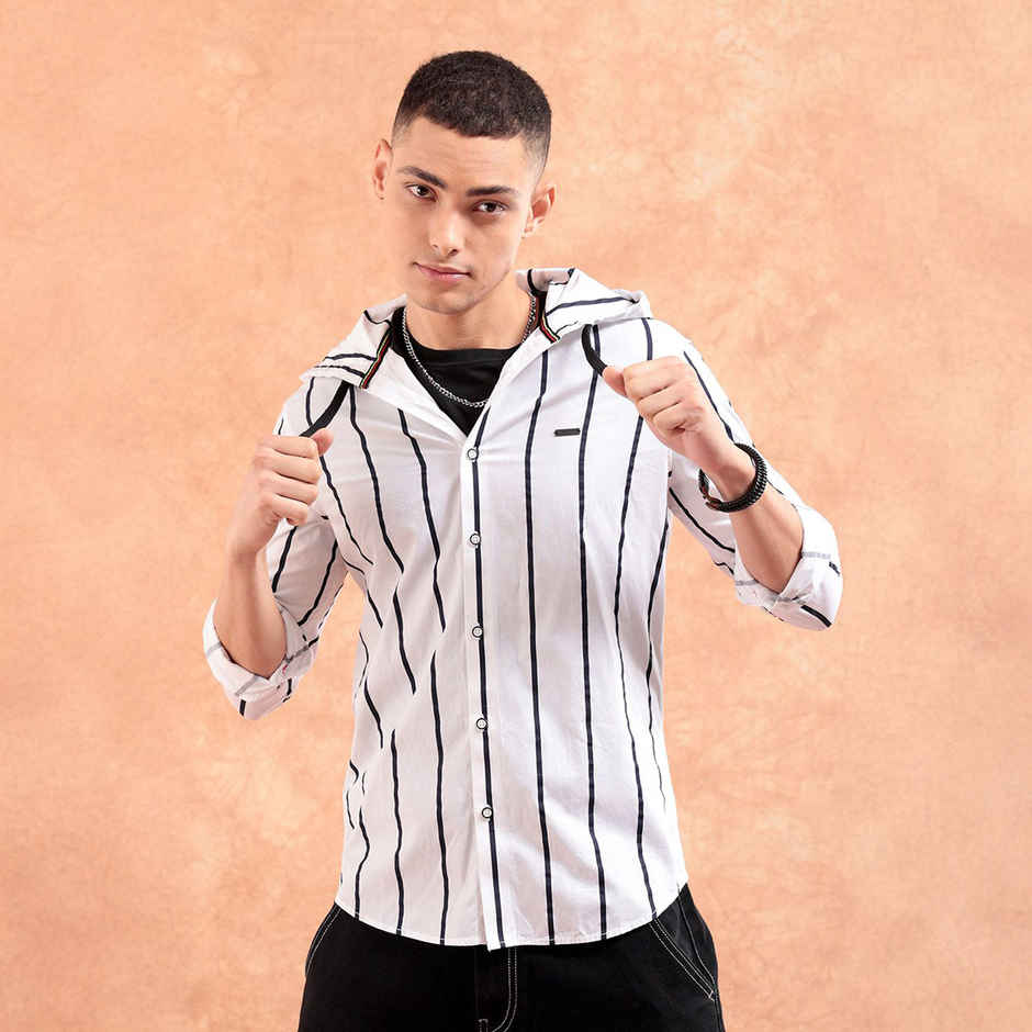 The Indian Garage Co Men's Slim Fit Vertical Striped Casual Shirt | White - XL