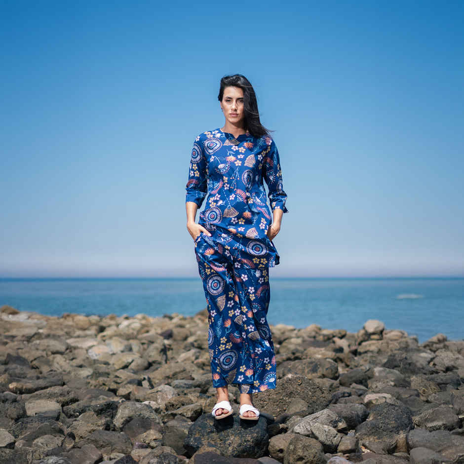 Sanskrutihomes Ethnic Motif Pure Cotton Top & Trouser Co-Ord Set | Navy Blue - XL