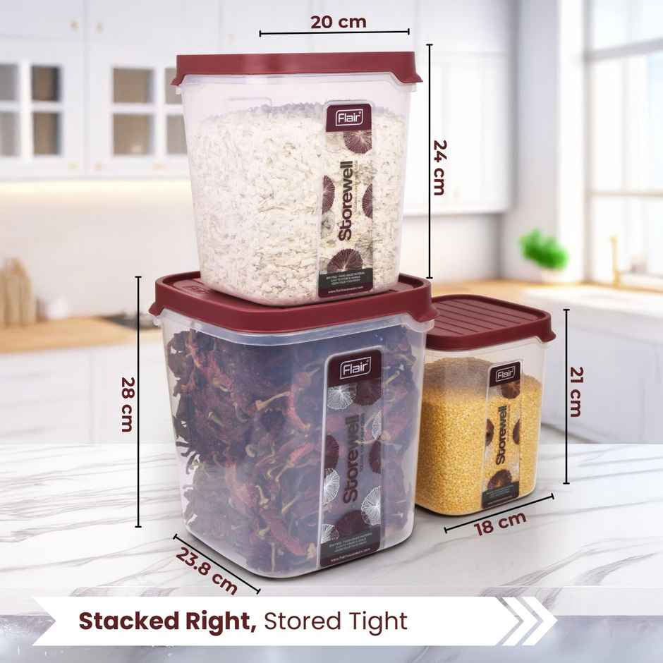 Flair Plastic Storewell Square Food Storage Containers Maroon - Set 3 Pcs (6000Ml,8000 ml,12000 ml)